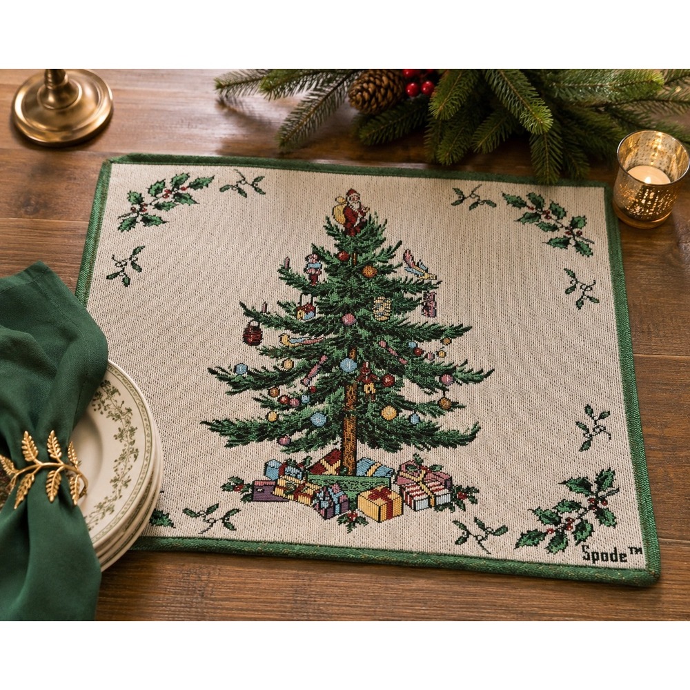 Spode Christmas Tree Tapestry Placemats Scene Weaver Made in USA Set of 4 Green
